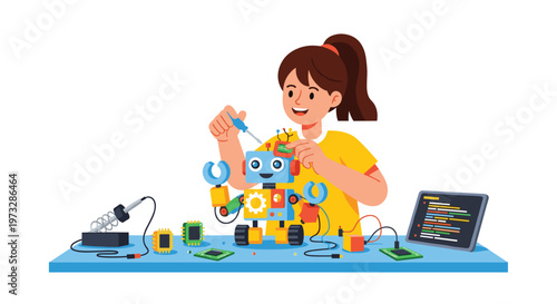 A cheerful young girl with a brown ponytail meticulously assembles a colorful toy robot using a screwdriver and electronic components on a blue workbench.