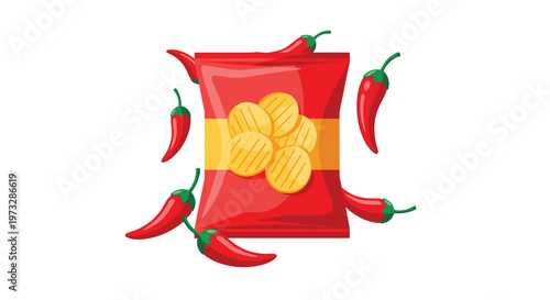 A vibrant red snack bag filled with golden corrugated potato chips is surrounded by several spicy red chili peppers against a pristine white background.