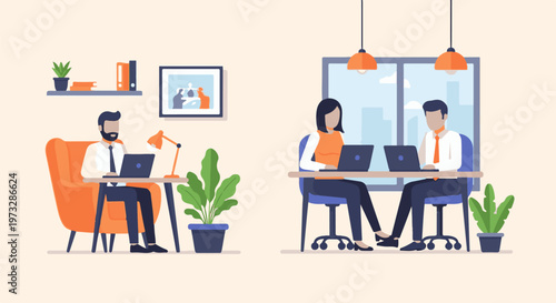 People working on laptops in modern office spaces.