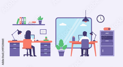 Two people working at desks in an office setting 1.