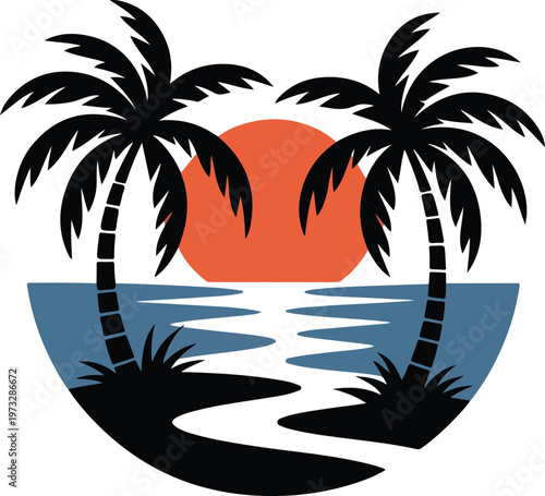 Tropical Sunset Beach Palm Tree Silhouette Ocean Paradise Landscape Design