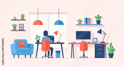 Person working at desk with computer in home office.