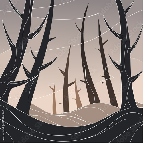 Stylized illustration of a desolate forest with bare spiky trees and rolling hills.