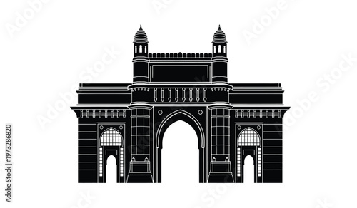 A striking black and white silhouette depicts the gateway of india a monumental arch in mumbai showcasing its intricate architectural details high quality professional
