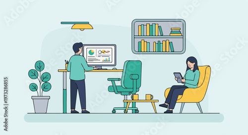 Man and woman working in modern office environment.