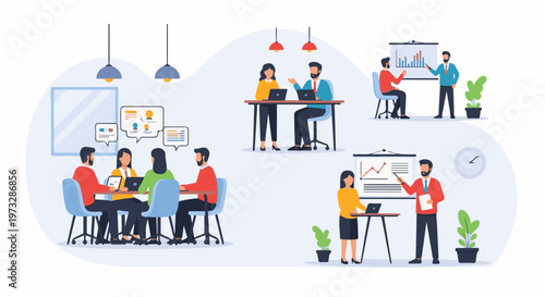 Diverse Business Meeting and Presentation Scenarios.