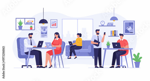 Diverse group of people working in a modern office environment.