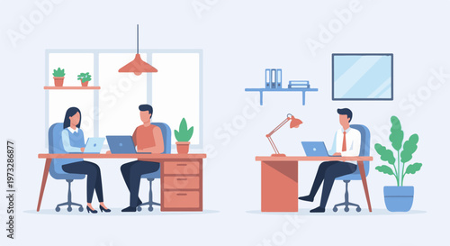 Office workers collaborating and working individually on laptops 3.