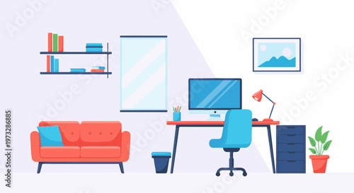 Modern Home Office Setup with Computer and Furniture 1.