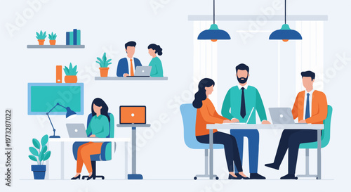 Diverse professionals collaborating in modern office setting.