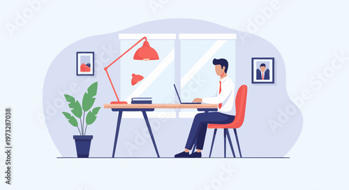 Man working on laptop at desk in home office 5.