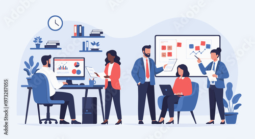 Diverse team collaborating on a business strategy presentation.