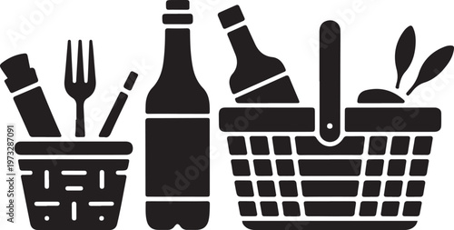 Picnic Basket Food Icons Minimal Black Silhouette Grocery Kitchen Collection Design
