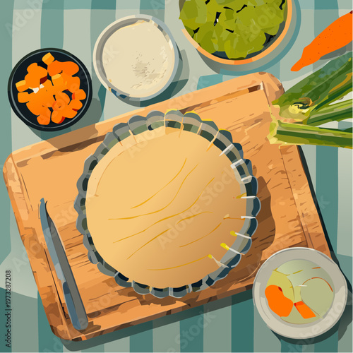Overhead view of a tart in a fluted pan on a wooden cutting board.