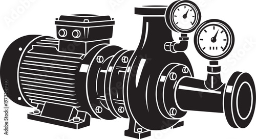 Industrial Water Pump Icon, Centrifugal Electric Motor with Gauges