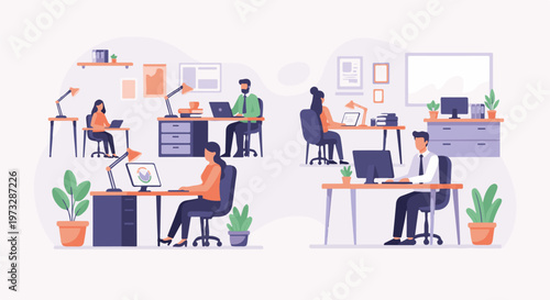 People working in modern office spaces with computers 1.