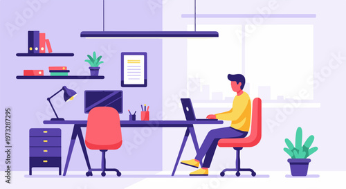 Man working on laptop at modern home office desk 1.