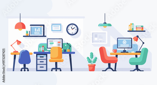 Modern Office Workspaces with Desks and Computers 3.