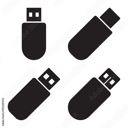 Four different usb flash drive symbols in black silhouette vector set.