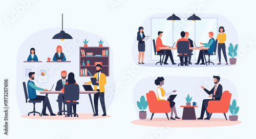 Diverse Business Meetings and Interviews Depicted in Four Scenes.