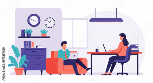 Two people working on laptops in a modern office setting 3.