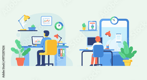 Two people working at desks with computers.