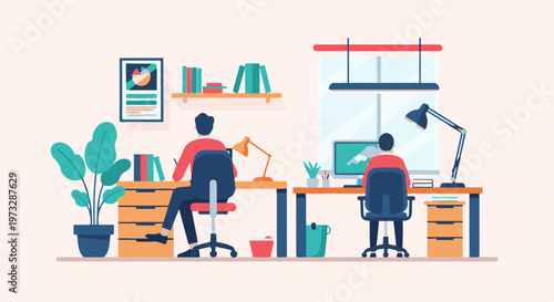 Two people working at desks in a modern office setting 5.