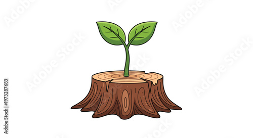 A resilient green seedling with two broad leaves grows triumphantly from the center of a textured brown tree stump on a clean white background.