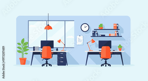 Modern Office Interior with Two Desks and Chairs 1.