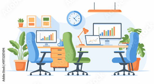 Modern Office Workspace with Computers and Chairs.