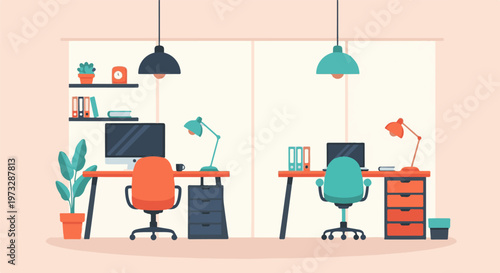 Modern Office Desks with Computers and Chairs 49.