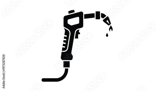 A stark black silhouette depicts a gas pump nozzle with a single droplet forming at its spout representing fuel dispensing high quality professional detailed