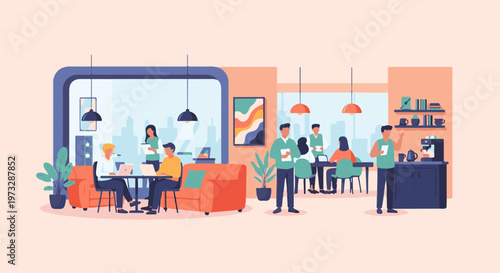 Diverse group of people collaborating and socializing in a modern cafe setting 1.