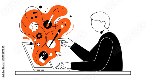 Creative man working on laptop with artistic music symbols in orange burst for music production