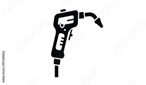 A black and white illustration depicts a mig welding gun showcasing its handle trigger and nozzle for metal fabrication high quality professional detailed modern