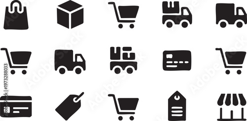 Ecommerce and shopping icons for business and online stores including delivery trucks and payment methods in a vector graphic illustration