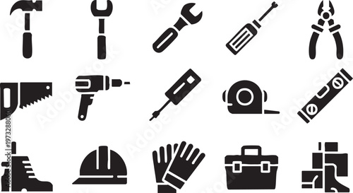 Black and white vector illustration of various hand tools and construction equipment icons