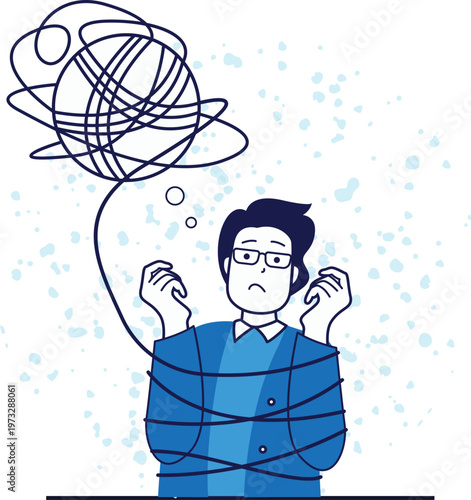 Confused individual overwhelmed by tangled thoughts floating above head
