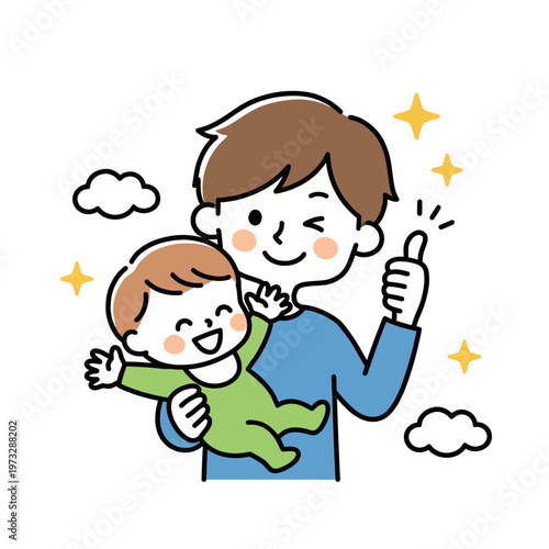A joyful father holds his baby while smiling and giving a thumbs up, representing the sweet bond of parenthood and happiness in family life depicted in a playful illustration.