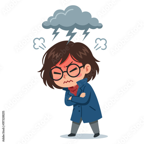 A character stands with crossed arms, visibly frustrated, under a cloud emitting lightning. This image conveys a strong emotional response to stress and annoyance.