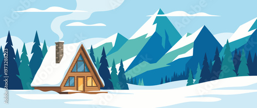 A picturesque wooden cabin sits amidst a snowy landscape surrounded by towering mountains. The peaceful scene embodies winter beauty and serenity in nature.
