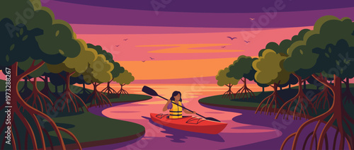 A lone kayaker gracefully paddles through a serene waterway surrounded by lush mangroves at sunset, embodying tranquility and the beauty of nature in a vibrant illustration.