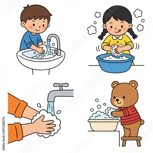 A playful scene showing children washing their hands with soap and water, emphasizing the importance of cleanliness and hygiene for health and safety.
