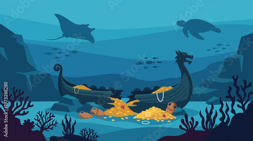 An underwater scene depicting a wrecked Viking ship filled with treasure, highlighting the mystery of shipwrecks and the allure of ancient maritime adventures.