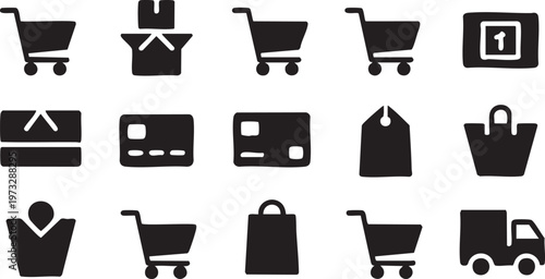 Black vector graphic illustration of various shopping icons including carts, bags, and payment methods on a white background for e-commerce designs