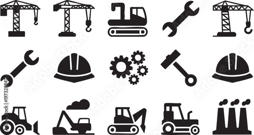 Construction and industrial icons including cranes, excavators, and safety gear in a vector graphic illustration