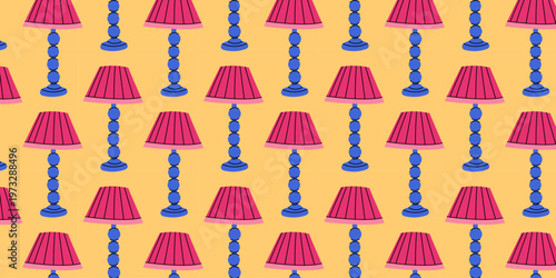 Colorful Lamp Seamless Pattern. Seamless pattern with colorful table lamps in yellow and pink tones. Flat style decorative lighting background perfect for textile, wallpaper and creative design.