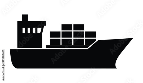 A stark black and white silhouette depicts a large container ship at sea showcasing stacked cargo containers and a prominent bridge structure high quality