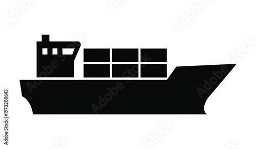 A stark black silhouette depicts a large container ship showcasing its rectangular cargo holds and streamlined hull design high quality professional detailed modern elegant