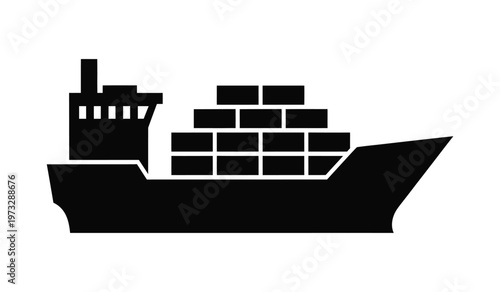 A simple black and white illustration depicts a large container ship sailing on the water showcasing its stacked cargo containers and prominent smokestack
